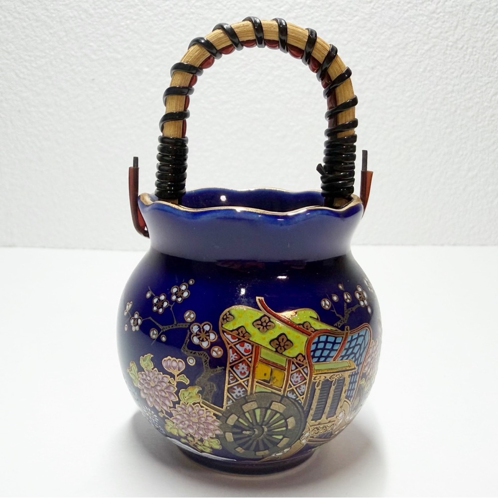 Vintage Japanese Kutani Hand Painted Flora Porcelain Basket